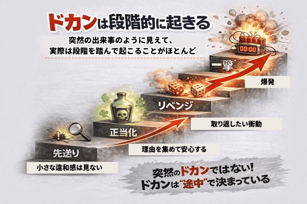 コツコツドカンは突然の出来事のように見えてｍ実際は段階を踏んで起こることがほとんど。
小さな違和感を見ないで先送りする→理由を集めて安心する→取り返したい衝動にかられてリベンジする→爆発して大損失