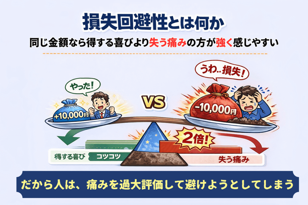 損失回避性とは、同じ金額なら得する喜びよりも失う痛みの方が強く感じやすいため、損失を避けようとしてしまう状態のことをいう。